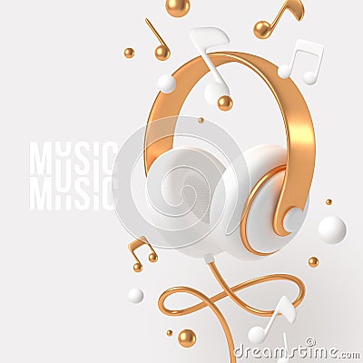 Realistic 3d render headphones with golden elements and musical notes. Vector Illustration